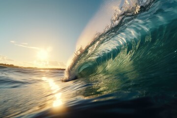 Translucent Curling Ocean Wave at Sunset Sunrise Background Image	
