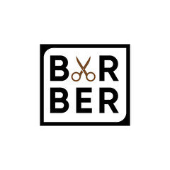 simple creative text barber with scissors for barbershop gentleman salon logo design