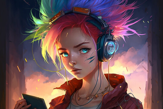 Lofi style. Girl with rainbow hair and headphones listening hip hop music. Short crazy hair and electric  bright blue eyes. Cartoon, anime.