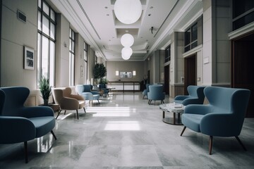 Fototapeta na wymiar Hospital lobby with white and blue chairs for reception. Generative AI
