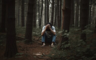 Person lost in the forest. Back shot. AI generative technology.