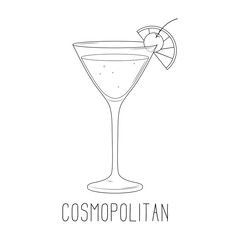 Alcoholic cocktail - cosmopolitan with lime and cherry. Illustration on transparent background