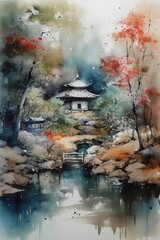 Watercolor print showcasing a Japanese style landscape featuring a serene lake and majestic mountains, stunning addition to home decor and design - generative ai