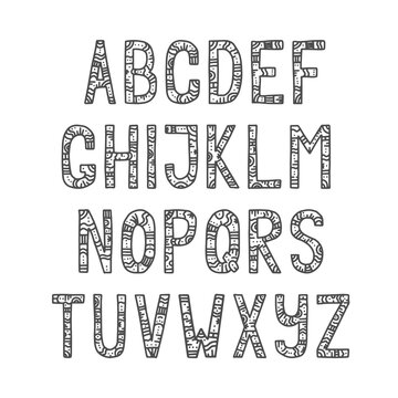 Handwritten patterned alphabet. Illustration on transparent background