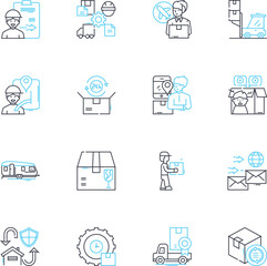 Freight forwarding linear icons set. Shipping, Logistics, Transportation, Cargo, Carrier, Warehousing, Import line vector and concept signs. Export,Customs,Brokerage outline illustrations