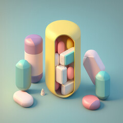 Fototapeta Pigułka antybiotyku - izometria, ilustracja, pastele, zdrowie - Antibiotic pill - isometric, illustration, pastel, health - AI Generated obraz