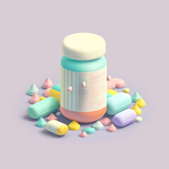 Lekarstwo w butelce i pigułkach - izometria, ilustracja, zdrowie - Medicine in a bottle and pills - isometrics, illustration, health - AI Generated