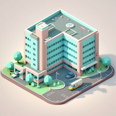 Miejski szpital illustacja 3d izometryczna w pastelach - Urban hospital 3d isometric illustration in pastels - AI Generated - obrazy, fototapety, plakaty