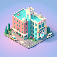 Izometryczny szpital - budynek - ilustracja 3, pastelowa - Isometric hospital - building - illustration 3, pastel - AI Generated - obrazy, fototapety, plakaty