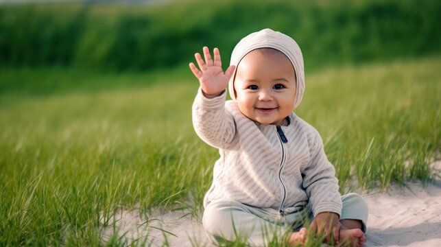 Happy baby waving hello sitting on green grass lawn on a beach. Generative AI