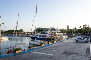 Architectural detail of Port Vell (Old Harbor), a waterfront harbor a focal point of the city and tourist attraction part of the Port of Barcelona