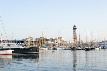 Fototapeta premium Architectural detail of Port Vell (Old Harbor), a waterfront harbor a focal point of the city and tourist attraction part of the Port of Barcelona