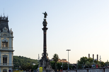 Architectural detail of the Columbus Monument, a 60 m tall monument to Christopher Columbus at the lower end of La Rambla, Barcelona, Catalonia, Spain.