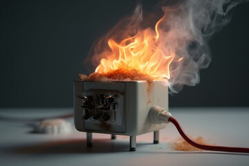 White background with a burning adapter plugged into the receptacle. Generative AI - obrazy, fototapety, plakaty