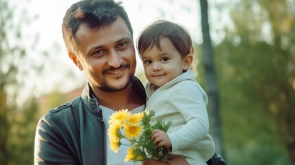 Portrait of happy father holding toddler and flowers in the hands. Generative AI