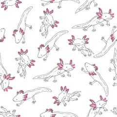 Vector seamless pattern with cute axolotl in sketch style isolated on white background. Hand drawn color texture with funny animal.