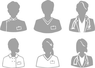 医療関係者の男女シルエットイラスト　グレー