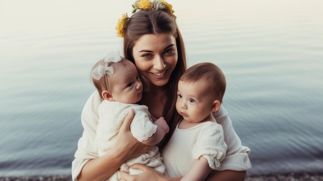 Mother holding daughters with yellow headbands on the beach all in white clothes. Generative AI