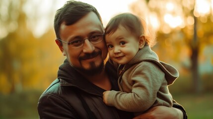 Fototapeta na wymiar Portrait of happy father holding toddler in the hands. Generative AI