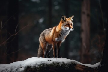 Fox sitting on a treestomp in a winter scene. Wildlife photo created using generative AI tools