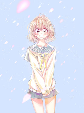 セーラー服の女子学生　桜吹雪