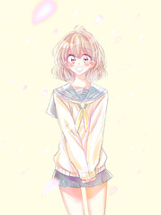 セーラー服の女子学生　桜吹雪