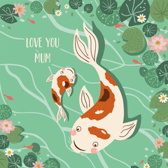 Baby and mum animal card in asian style. Cute koi fish in pond among lotus. Poster for Happy Mothers Day greeting. Water lily, fish, leaves vector illustration, banner, mom and child background.