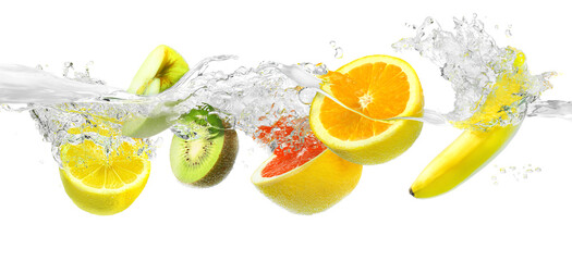 Fruits mix splashing into clear water on white background