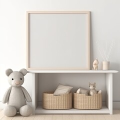 Empty picture frame on a wooden shelf in a nursery. Mockup/copyspace for art, poster, painting placement created using generative ai tools