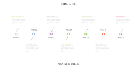 timeline weekly schedule roadmap project diagram Infographic template for business. 7 week  modern Timeline schedule diagram with presentation vector timeline roadmap infographic.