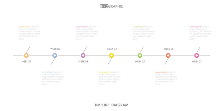 timeline weekly schedule roadmap project diagram Infographic template for business. 7 week  modern Timeline schedule diagram with presentation vector timeline roadmap infographic.