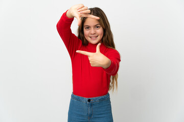 Little girl over isolated white background focusing face. Framing symbol