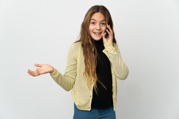 Little girl over isolated white background keeping a conversation with the mobile phone with someone