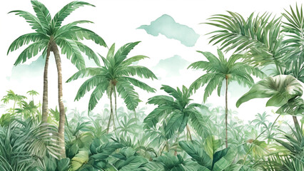 Fototapeta na wymiar Palm trees in a jungle forest. decorative watercolor painting, landscape. Generative Ai