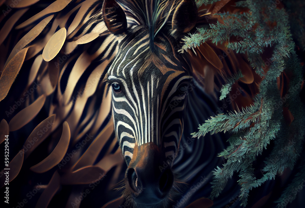 Aufkleber beautiful abstract, zebra on autumn leaves background. generative ai technology.