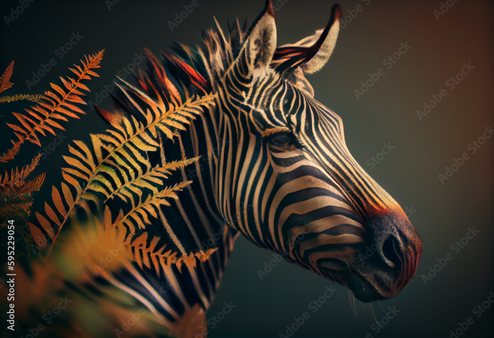 Poster beautiful abstract, zebra on autumn leaves background. generative ai technology.