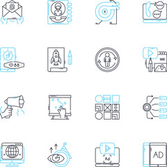 Search engine visitors linear icons set. Queries, Results, Rankings, Algorithms, SERP, Optimization, Traffic line vector and concept signs. Keywords,Analytics,Clickthroughs outline illustrations