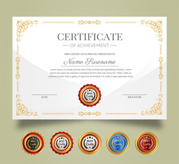 Certificate of Appreciation and Achievement template. Clean modern certificate with gold badge. Diploma award design for business and education needs.
