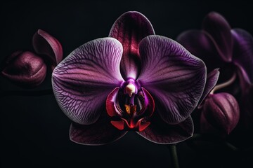 Naklejka na ściany i meble Close-up of a purple orchid flower against a dark backdrop. Generative AI
