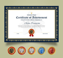 Certificate of Appreciation and Achievement template. Clean modern certificate with gold badge. Diploma award design for business and education needs.