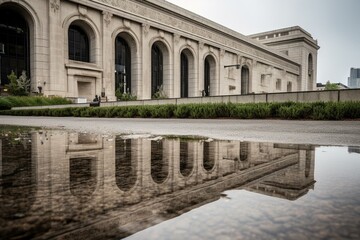Fototapeta na wymiar Reflection of waterfall at Union Station in downtown Kansas City. Generative AI