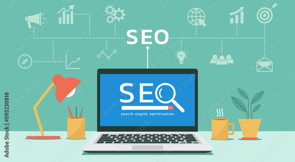 Poster seo search engine optimization with business strategy icons for social media content and advertiseme