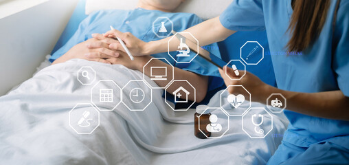 doctor talking with man patient for monitoring and check up after surgery. doctor touching patient...