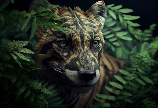Beautiful abstract, Tasmanian Tiger on autumn leaves background. Generative AI technology.