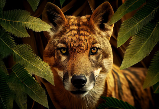 Beautiful abstract, Tasmanian Tiger on autumn leaves background. Generative AI technology.