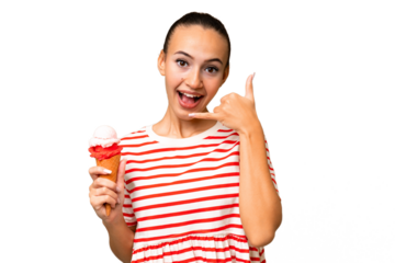Young Arab woman with a cornet ice cream over isolated background making phone gesture. Call me back sign