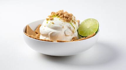 Key lime pie ice cream in a dish with a graham cracker crust on White Background with copy space for your text created with generative AI technology - obrazy, fototapety, plakaty