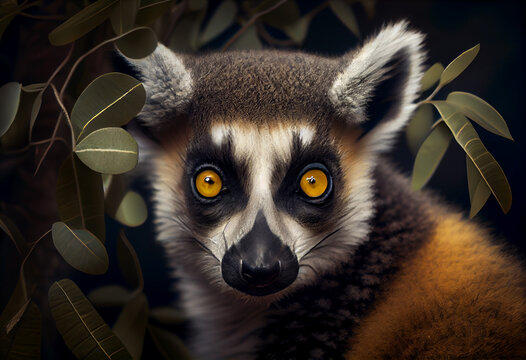 Beautiful abstract, Ring-Tailed Lemur on autumn leaves background. Generative AI technology.