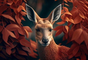 Beautiful abstract, Red Kangaroo on autumn leaves background. Generative AI technology.