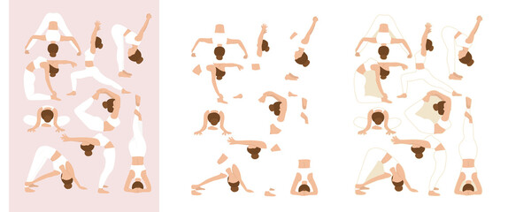 Position de yoga fait par une jeune femme, exercice de bien être. Illustration réaliste et minimaliste  - obrazy, fototapety, plakaty